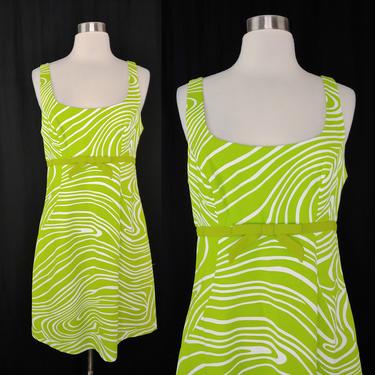 Vintage Y2K Geary Roark Kamisato Mod Revival Neon Green Swirl Dress - 2000 Size 10 Sleeveless Shift Mini Dress 
