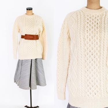 1950s Irish Aran Wool Sweater | 50s Fisherman's Wool Sweater | Donegal Ireland | Large 