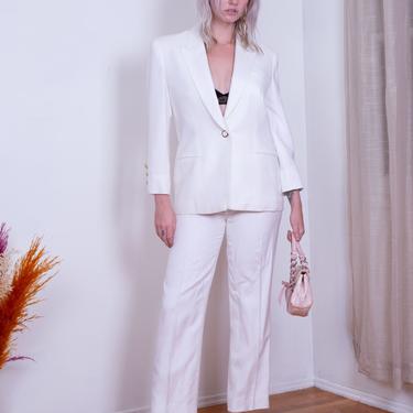1980s White Linen Two Piece Suit with Gold Trimmed Buttons S Minimal Pants Structured Blazer 