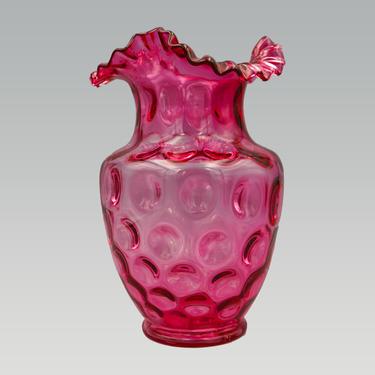 Antique Cranberry Glass Vase, Victorian Thumbprint | Dot Optic Glassware | Crimped Edge Art Glass Ruffle Edge 