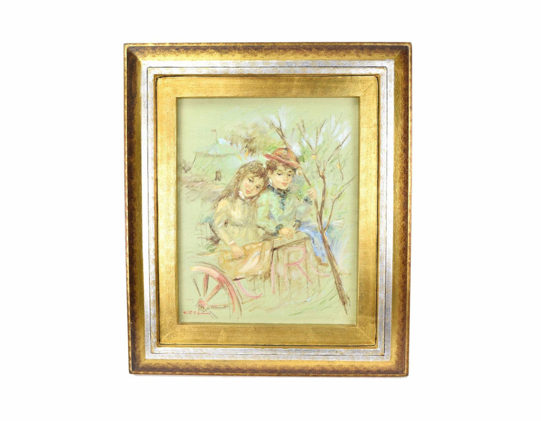 MidCentury Oil Painting Young Couple at Circus by Vitti Giovanni