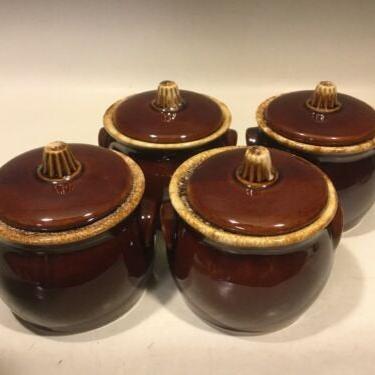 4 vintage hull pottery brown drip bean pots w/lids, individual crocks chili soup, 