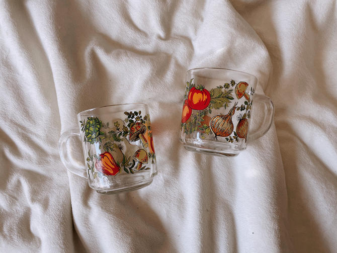 Arcoroc France Glass Coffee Mugs Vegetable Print Vintage Glass Coffee Mug Set Of 2 Tomato Mushroom From Brass Blue Bonnets Of Austin Tx Attic
