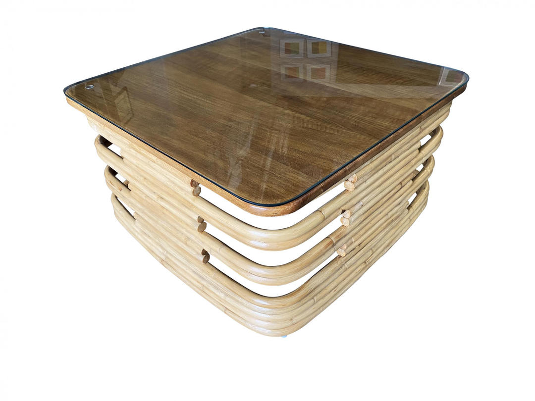 Restored Mahogany Top Stacked Slat Rattan Coffee Table w/ Glass