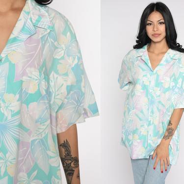 Pastel Tropical Shirt Floral Hawaiian Shirt 80s Floral Blouse SURFER Button Up Shirt Vintage Beach Sea Resort Vacation Extra Large xl 2xl 