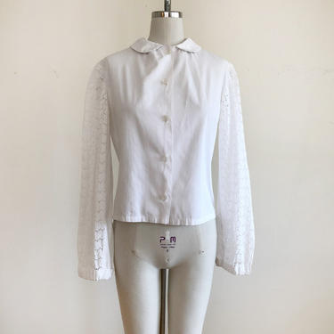 White Button-Down Blouse with Eyelet Sleeves and Collar - 1970s 