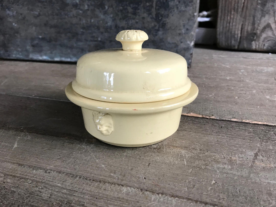 French Terrine Pot, Lidded, Miniature, Lion Head Handles, Rustic Farmhouse Jan's Vintage Stuff