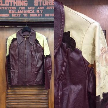 Vintage 1960’s “Natural Comfort” Artwork and Appliqué Leather Jacket, 60’s Style, Burgundy Leather Jacket, Vintage Clothing 