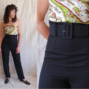 Vintage 90s Does 40s Ribcage Belted Trousers/ 1990s Super High Rise Black Pants with Wide Waist Belt/ Size Small 26 