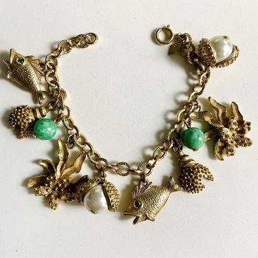 Fun Vintage Gold Fish &amp; Faux Pearl Charm Bracelet