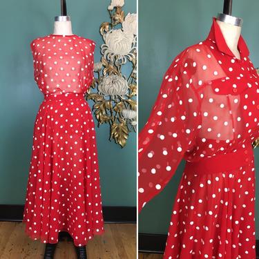 1980s skirt set, 3 piece set, vintage 80s outfit, sheer chiffon, red and white polka dot, 1950s style, 80s does the 50s, full skirt, jacket 