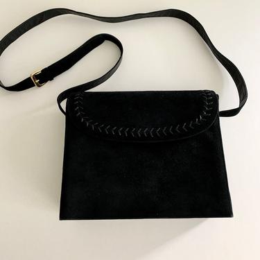 Bally black suede front/leather back crossbody bag with lacing detail 