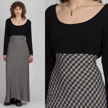 90s Grunge Plaid Cinched Waist Maxi Dress - Extra Large | Vintage Black &amp; White Long Sleeve Knit Dress 