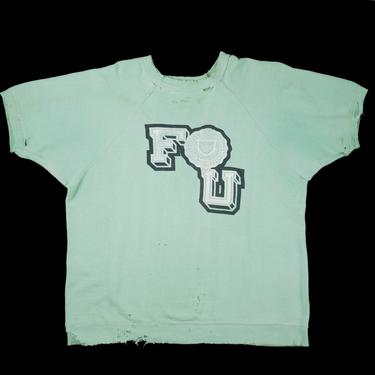 Vintage 1950s Fordham University Sweatshirt - Mint Green - College - F U - Sweat Shirt Sweater - Holes Grunge Thrashed Distressed - Medium 