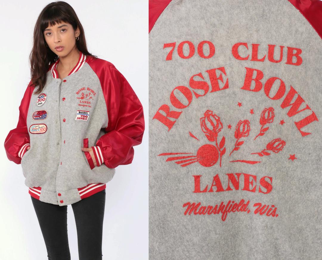 Bowling Jacket Letterman Fleece Bomber Jacket 80s Baseball Rose Bowl