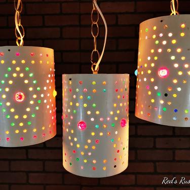 Set of 3 Mid Century Modern MCM Retro Groovy Multi Colored Rainbow Swag Chain Hanging Lamp Lights 