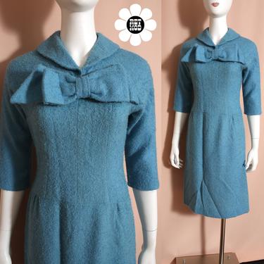 Lovely Vintage 60s 70 Light Blue Textured Tweed Wool Mod Dress with Bow Front - AS IS 