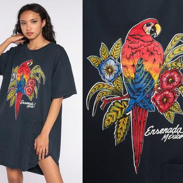 Parrot Pajama Dress Ensenada Mexico Tshirt Dress Tropical Bird Nightie 90s Graphic Nightgown Mini Black Baja California Small Medium Large 