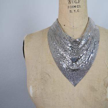 Vintage 1970s Whiting & Davis mesh bib necklace, collar, silver tone, statement necklace 