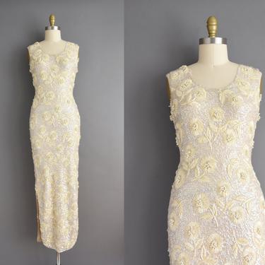 vintage 1950s | Outstanding Full Iridescent Sequin &amp; Glass beading Holiday Cocktail Party Dress | Medium Large | 50s dress 