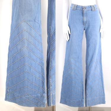 70s BRITTANIA chevron high waist bell bottom jeans 34 / vintage 1970s light denim stitched bell bottoms flares pants 12 