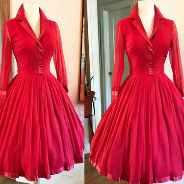 Stunning 1950's Red Silk Chiffon Liz Taylor Style Party Dress for  &quot;Pavion&quot; by Dave Barr  Vintage Chic  Cocktail Party Dress  Size Small 