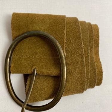 1960’s 70’s wide soft supple suede belt~ unique design~ skinny brass buckle~ dress belt~ golden brown~ boho hippie unisex size 35” + 