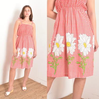 Vintage 1970s Dress / 70s Gingham Cotton Daisy Print Sundress / Red White ( S M ) 