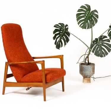Danish Modern / Mid Century Teak Reclining Lounge Chair — Red / Orange Tweed — Folke Ohlsson for Dux 