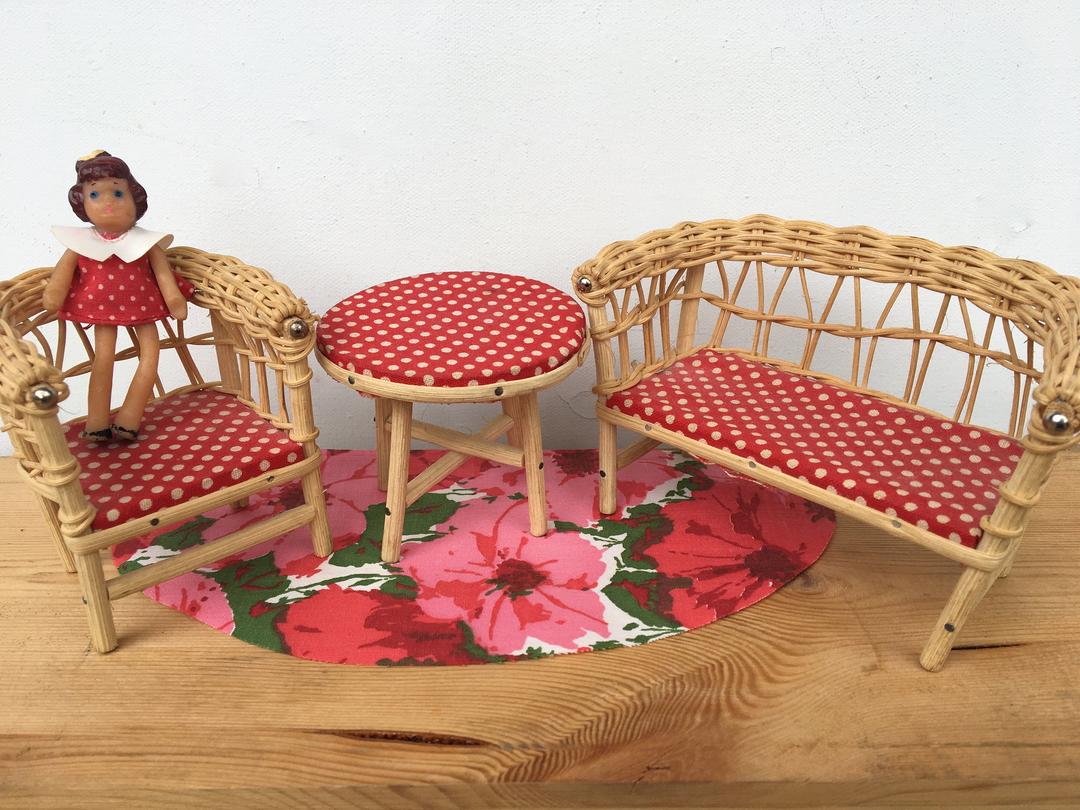 Vintage German Wicker Doll Furniture, Red And White Polka Dot