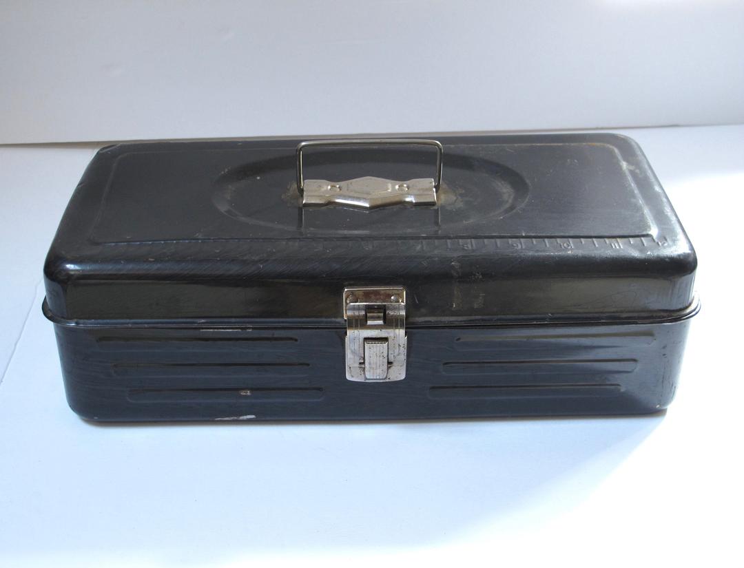 Vintage Black Metal Toolbox Wood grain Tool Box Gray Artist All