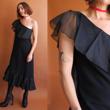Vintage 80s One Shoulder Ruffle Dress/ 1980s Adele Simpson Wool Chiffon Party Dress/ Size Medium 