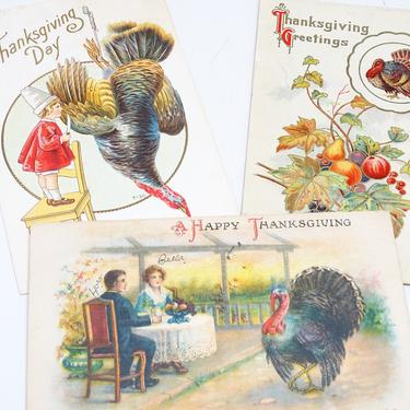 3 Antique Thanksgiving Postcards, Vintage Paper Ephemera, Turkey, Vintage Thanksgiving Greetings Post Card 