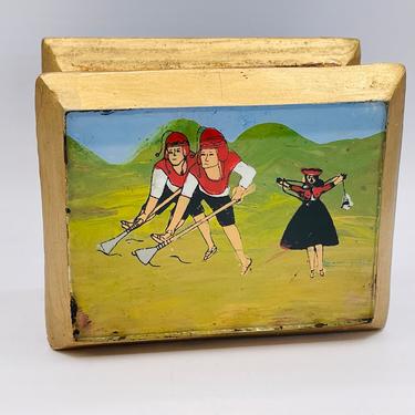 Vintage Florentine Style Box Featuring La Cross Players Gold Hand painted Llama Glass Covers- 3&amp;quot; 