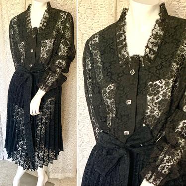 Vintage All Lace Outfit, Pleated Skirt, Top, Blouse, Black Sheer Lace, 50s 60s 