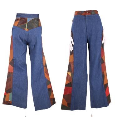 70s AURA patchwork high waisted denim bell bottoms jeans 29  / vintage 1970s leather appliqué denim flares pants M 