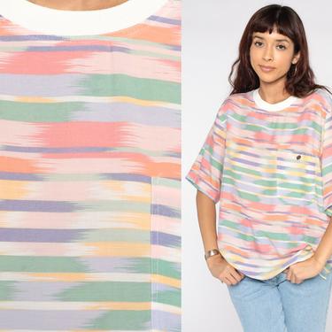Ikat Striped T Shirt 90s Pocket T Shirt RINGER Tee 90s Rayon Retro Tee Vintage Normcore Short Sleeve Pink Green Large 