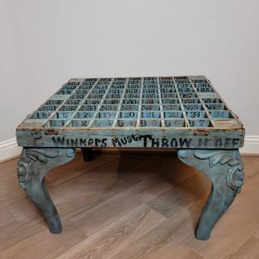 Rare Antique Early American Carnival Coin Toss Amusement Park Fair Game Table / Folk Art Carved Painted Distressed Coffee Table 