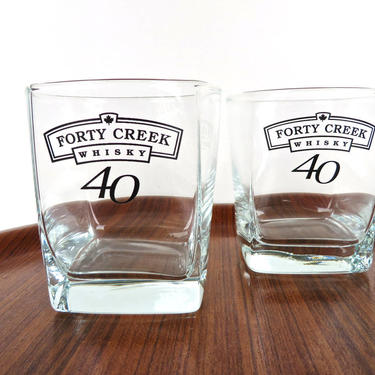 Set of 2 Forty Creek Whisky Glasses, Square Glass 40 Creek Canadian Whisky Rocks Glasses, Vintage Whiskey Lowball 