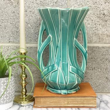 Vintage McCoy Vase Retro 1940s Aqua + Strap or Ribbon Vase + Glazed Ceramic + Pottery + 12&amp;quot; Tall with Side Handles + Home and Table Decor 