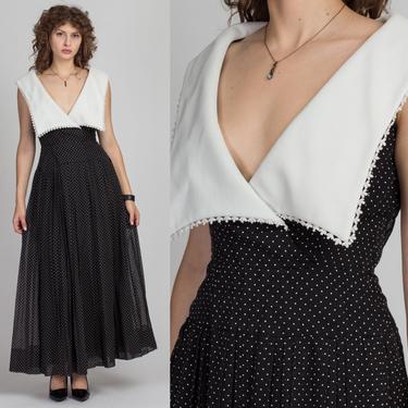 70s Polka Dot Sailor Collar Maxi Dress - Extra Small | Vintage Black White Fit &amp; Flare Crochet Trim V Neck Dress 