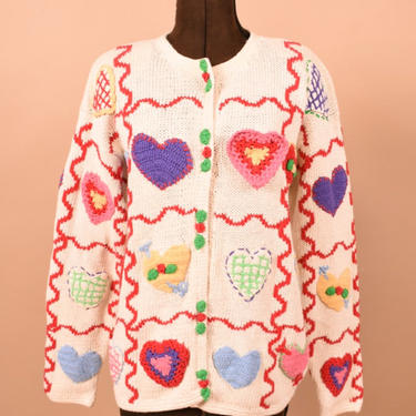 Beige Heart Pattern 90s Cardigan Sweater By Eagle Eye, L