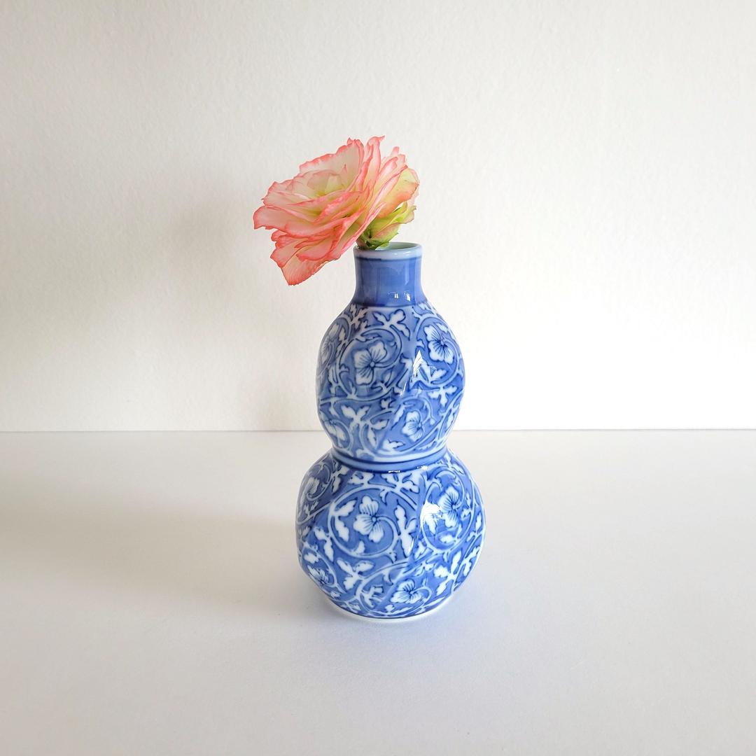 Vintage Gourd Vase by Takahashi, Blue and White Chinese