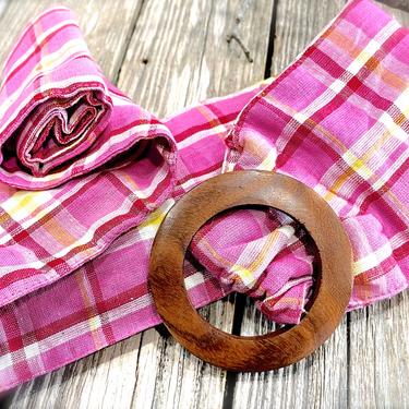 VINTAGE: Plaid Fabric Wood Buckle Belt - Pink Yellow Belt - SKU 00009063 