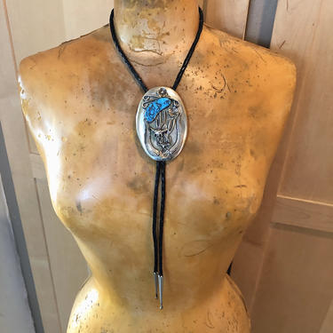 Native American Bennett Turquoise Bolo Tie- Signed Stamped Jewelry- Arizona Badger 