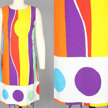 1960s Colorful Mini Dress | Vintage 60s Bright Stripes &amp; Dots Dress | small 