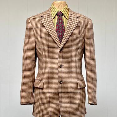 Vintage 1970s Ralph Lauren Wool Sport Coat, POLO 3-Button Beige Brown Glen Plaid Blazer, Size 40 Long 