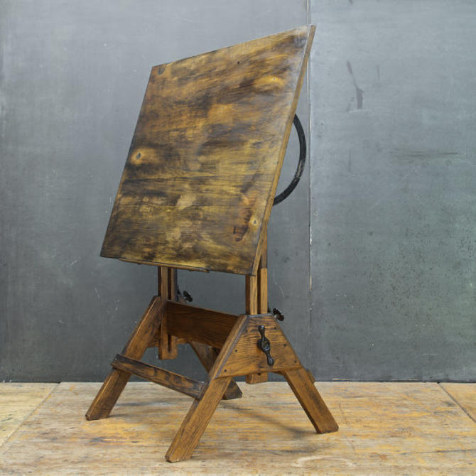 Oak Cast Iron Drafting Table Mid Century Hamilton Two Rivers