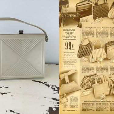 Boxed In - Vintage 1950s Ivory Almond Deco Faux Leather Vinyl Chevron Stitch Box Handbag Purse 