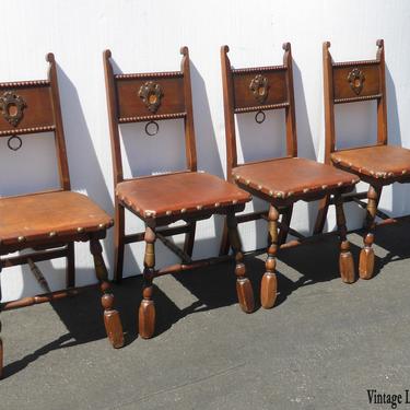 Four Unique Vintage Spanish Revival Style Oak Dining Chairs w Decorative Nails 